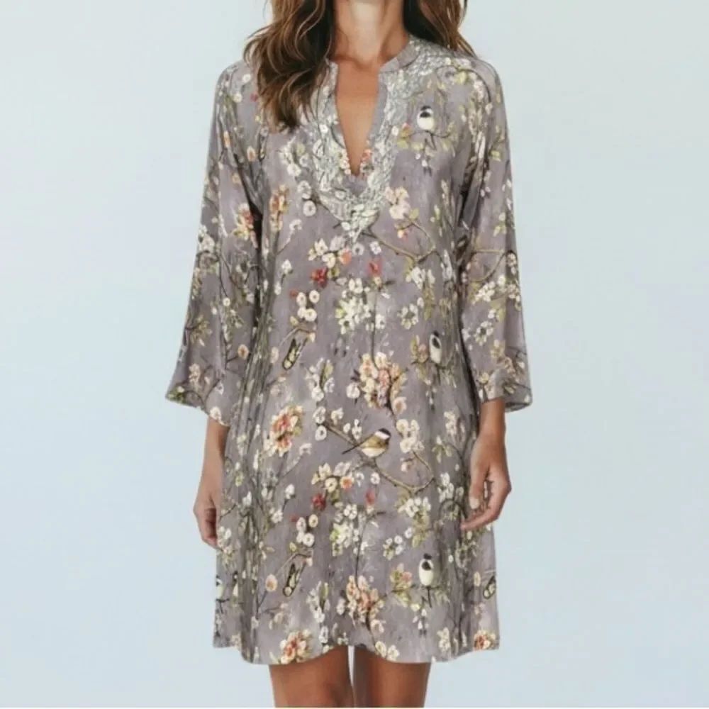 Amaya 100% Silk Floral Embroidered Split V-Neck Long Sleeve Mini Dress Size 38